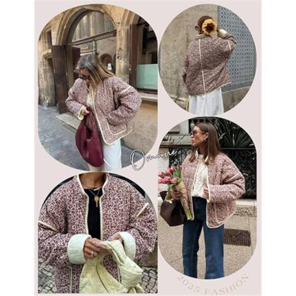 Womens Cropped Quilted Jacket Floral Print Puffer Cardigan Coat Lightweight - Picture 5 of 8